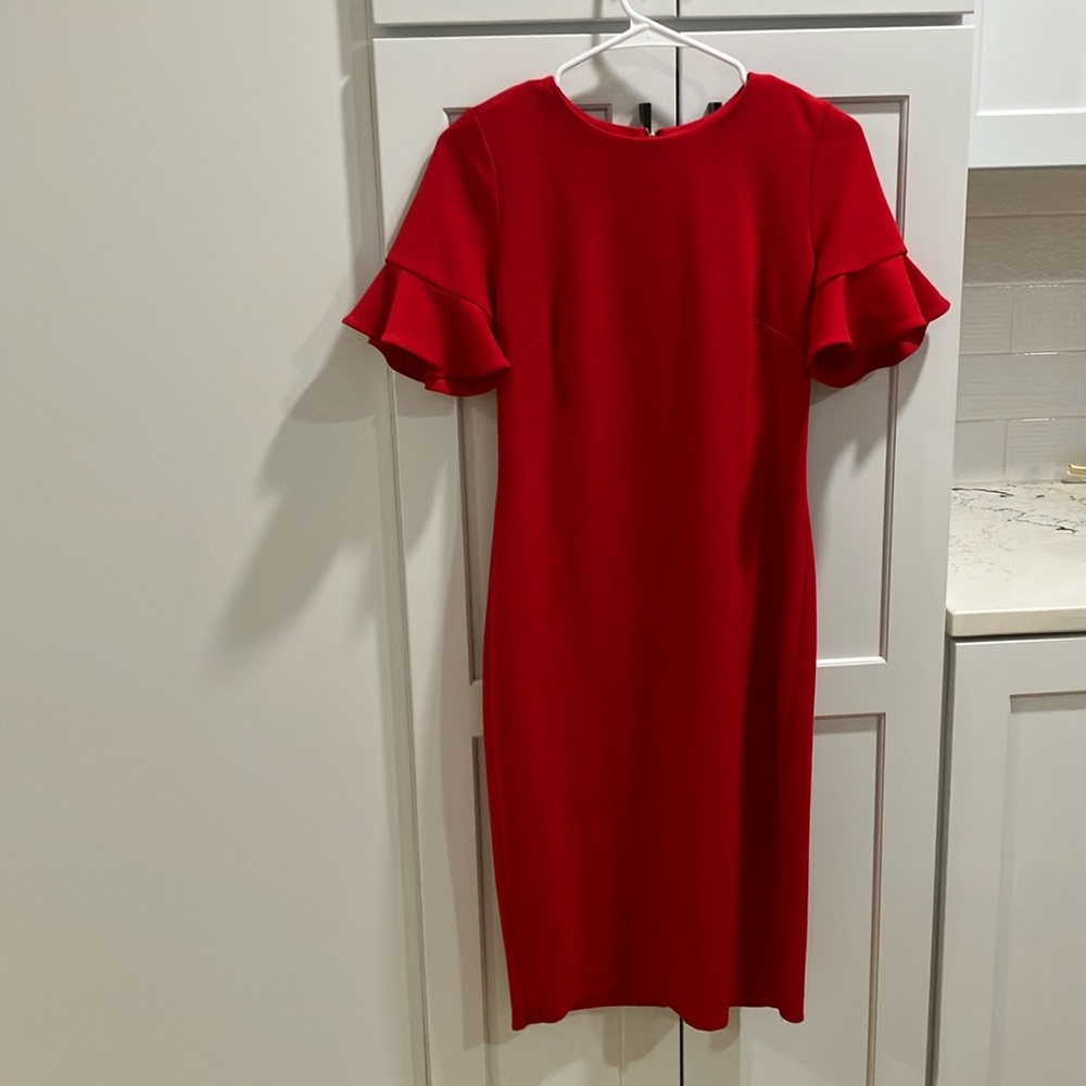 Calvin Klein Women's Red Polyester Sheath Formal Short Sleeve Midi Dress